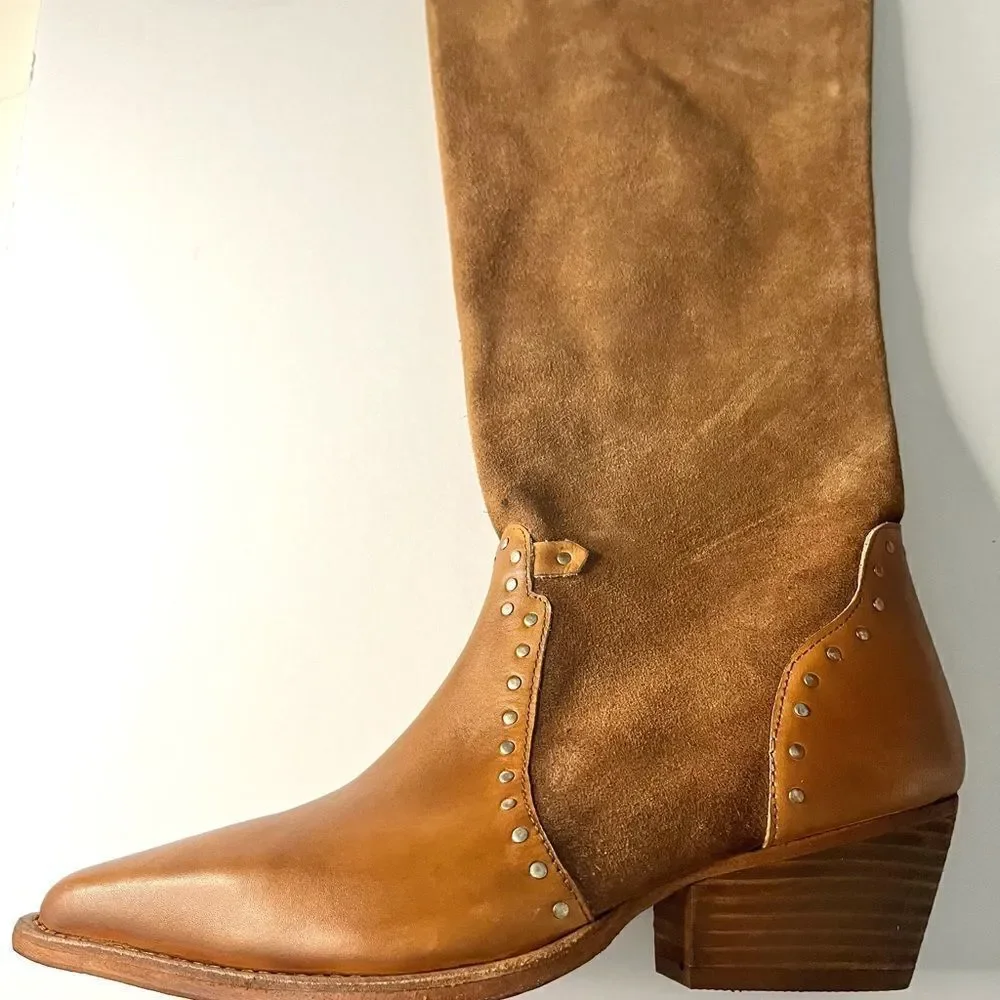 Free People Wayne Fringe Suede Over The‎ Knee Leather Western Boots Brown 6 NIB